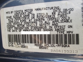 2001 TOYOTA SIENNA LE DENIM BLUE 3.0L AT Z16288